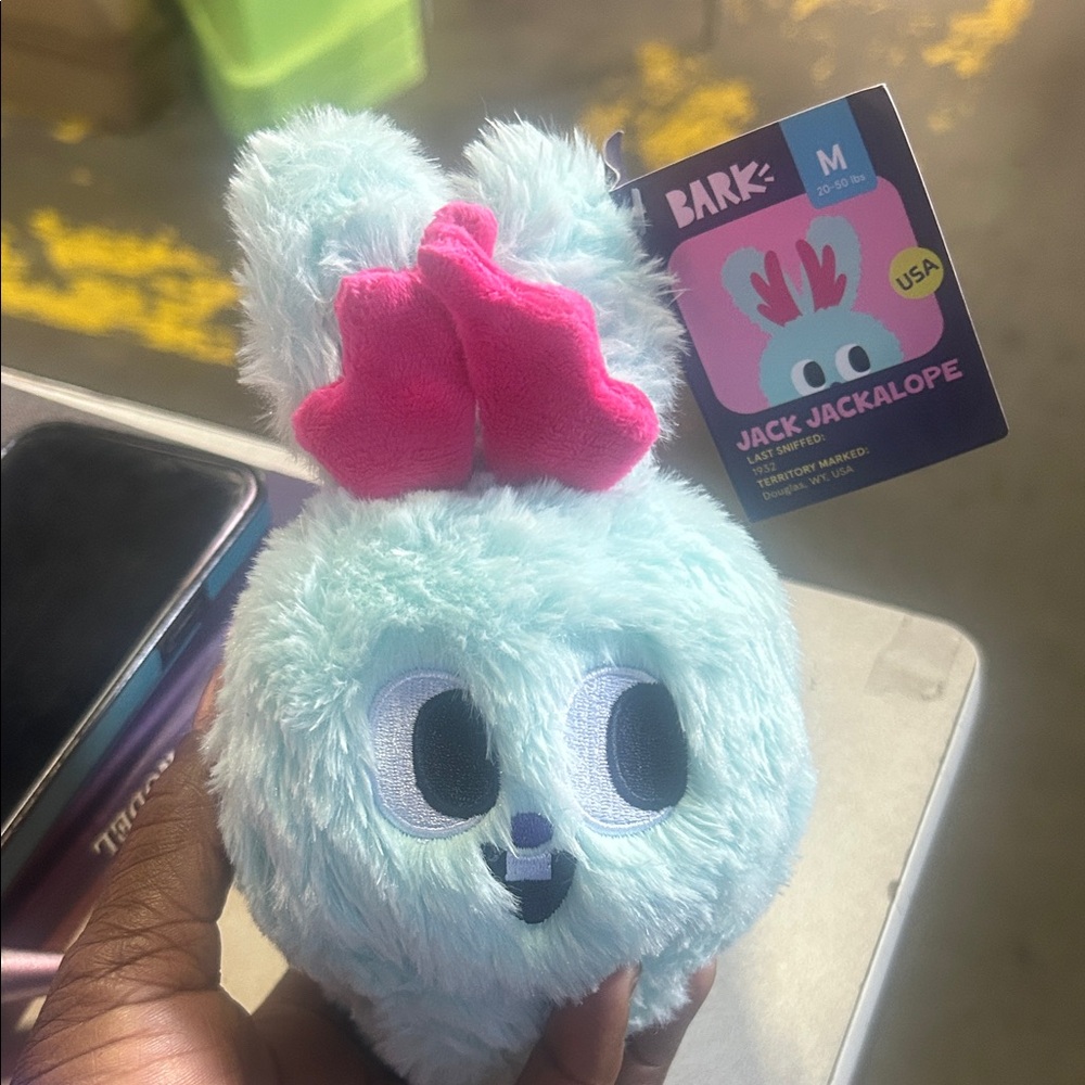 NWT Bark Box Jack Jackalope plush dog toy. Light Blue Plush with Pink Bow